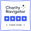 Official Charity Navigator badge, showing four blue boxes with white stars in them, signifying CCE's four star rating.